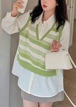 Load image into Gallery viewer, Organic Apricot Green Peter Pan Collar Striped Patchwork Fake Two Pieces Shirt Fall