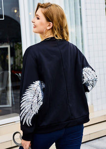 Organic Black O-Neck Wing Embroideried Coats Long Sleeve