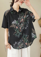 Load image into Gallery viewer, Organic Black Oversized Print Linen Blouses Summer