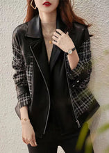 Load image into Gallery viewer, Organic Black Peter Pan Collar Zippered Patchwork Faux Leather Coats Fall