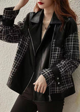 Load image into Gallery viewer, Organic Black Peter Pan Collar Zippered Patchwork Faux Leather Coats Fall