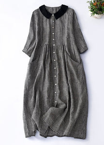 Organic Black Plaid Peter Pan Collar Patchwork Linen Dresses Summer