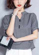 Load image into Gallery viewer, Organic Black V Neck Plaid Chiffon Shirt Lantern Sleeve