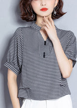 Load image into Gallery viewer, Organic Black V Neck Plaid Chiffon Shirt Lantern Sleeve