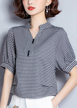 Load image into Gallery viewer, Organic Black V Neck Plaid Chiffon Shirt Lantern Sleeve