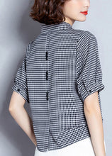 Load image into Gallery viewer, Organic Black V Neck Plaid Chiffon Shirt Lantern Sleeve