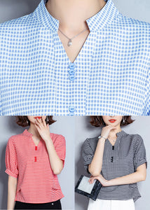 Organic Black V Neck Plaid Chiffon Shirt Lantern Sleeve