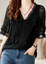 Load image into Gallery viewer, Organic Black V Neck Ruffled Embroideried Patchwork Lace Blouse Summer