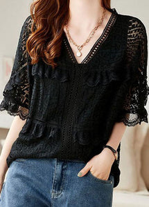 Organic Black V Neck Ruffled Embroideried Patchwork Lace Blouse Summer