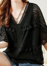 Load image into Gallery viewer, Organic Black V Neck Ruffled Embroideried Patchwork Lace Blouse Summer