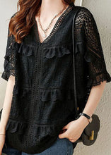 Load image into Gallery viewer, Organic Black V Neck Ruffled Embroideried Patchwork Lace Blouse Summer