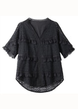 Load image into Gallery viewer, Organic Black V Neck Ruffled Embroideried Patchwork Lace Blouse Summer