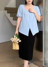 Load image into Gallery viewer, Organic Blue Square Collar Asymmetrical Patchwork Chiffon Shirt Short Sleeve