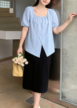 Load image into Gallery viewer, Organic Blue Square Collar Asymmetrical Patchwork Chiffon Shirt Short Sleeve