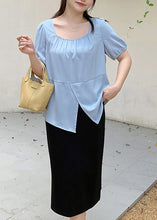 Load image into Gallery viewer, Organic Blue Square Collar Asymmetrical Patchwork Chiffon Shirt Short Sleeve