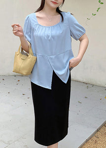 Organic Blue Square Collar Asymmetrical Patchwork Chiffon Shirt Short Sleeve