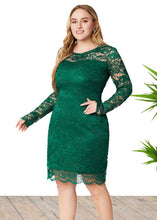 Load image into Gallery viewer, Organic Green O-Neck Lace Mid Dress Fall