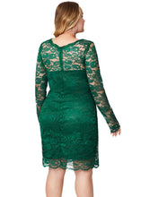 Load image into Gallery viewer, Organic Green O-Neck Lace Mid Dress Fall