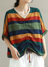 Load image into Gallery viewer, Organic Navy V Neck Striped Patchwork Cotton T Shirts Summer