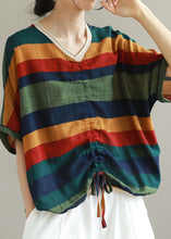 Load image into Gallery viewer, Organic Navy V Neck Striped Patchwork Cotton T Shirts Summer