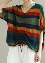 Load image into Gallery viewer, Organic Navy V Neck Striped Patchwork Cotton T Shirts Summer