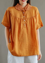 Load image into Gallery viewer, Organic Orange Peter Pan Collar Lace Patchwork Linen T Shirts Top Summer