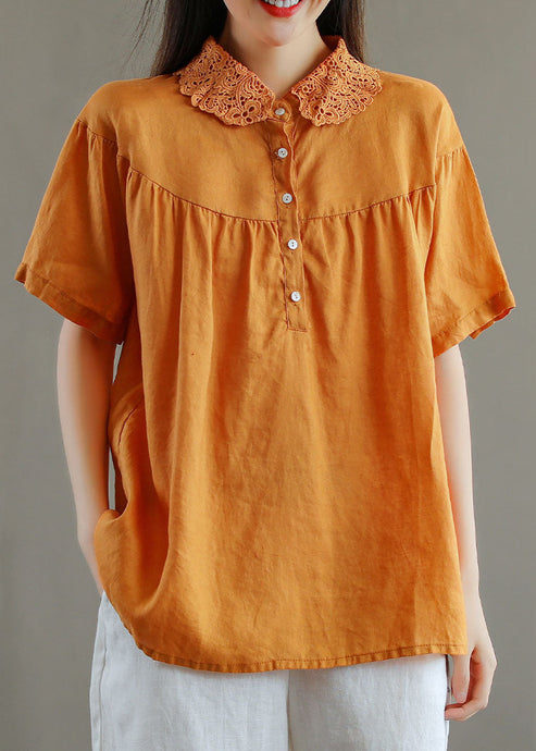 Organic Orange Peter Pan Collar Lace Patchwork Linen T Shirts Top Summer