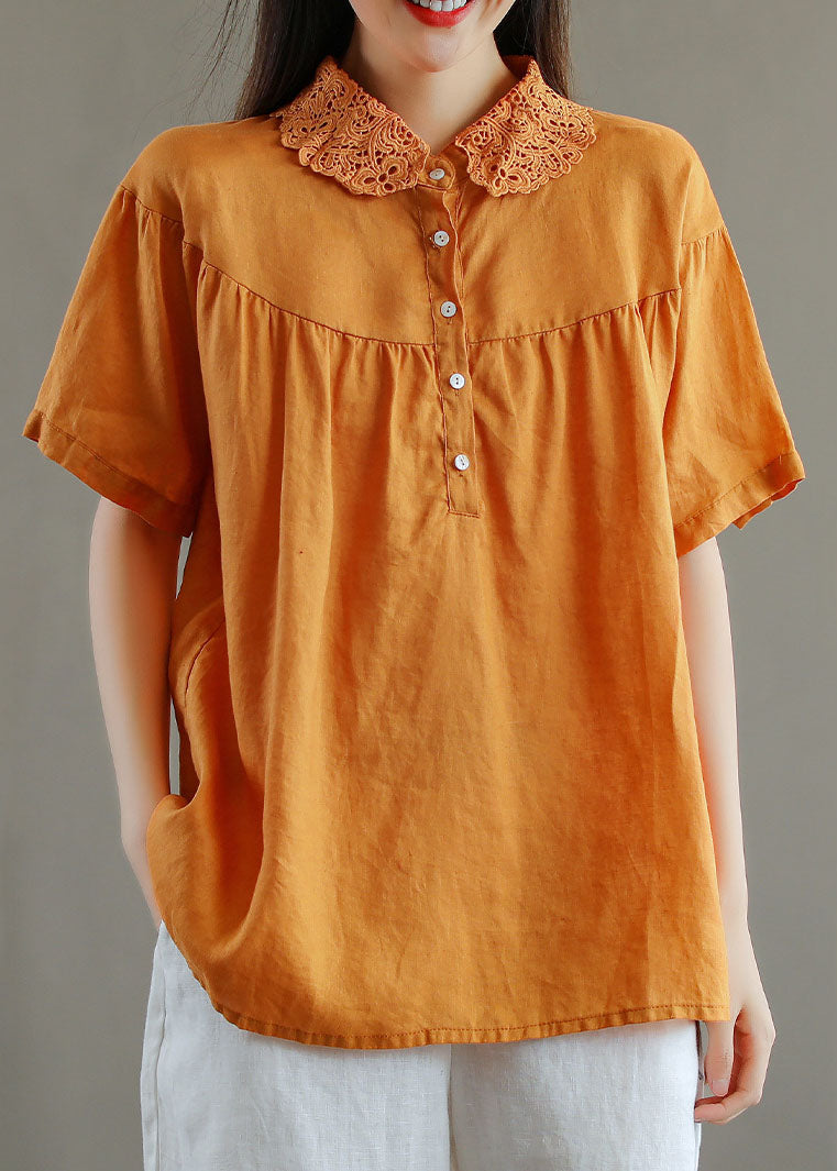 Organic Orange Peter Pan Collar Lace Patchwork Linen T Shirts Top Summer