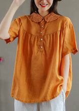 Load image into Gallery viewer, Organic Orange Peter Pan Collar Lace Patchwork Linen T Shirts Top Summer