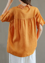 Load image into Gallery viewer, Organic Orange Peter Pan Collar Lace Patchwork Linen T Shirts Top Summer