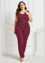 Load image into Gallery viewer, Organic Wine Red O-Neck Striped Tie Waist Button Jumpsuits Summer