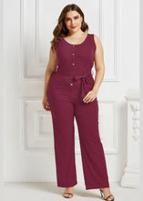 Load image into Gallery viewer, Organic Wine Red O-Neck Striped Tie Waist Button Jumpsuits Summer