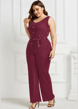 Load image into Gallery viewer, Organic Wine Red O-Neck Striped Tie Waist Button Jumpsuits Summer