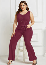 Load image into Gallery viewer, Organic Wine Red O-Neck Striped Tie Waist Button Jumpsuits Summer