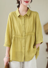 Load image into Gallery viewer, Organic Yellow Green Peter Pan Collar Lace Patchwork Cotton Shirts Half Sleeve