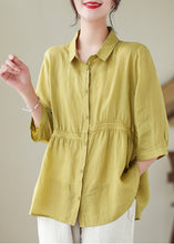 Load image into Gallery viewer, Organic Yellow Green Peter Pan Collar Lace Patchwork Cotton Shirts Half Sleeve