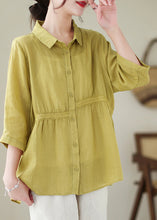 Load image into Gallery viewer, Organic Yellow Green Peter Pan Collar Lace Patchwork Cotton Shirts Half Sleeve