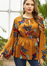 Load image into Gallery viewer, Organic Yellow O-Neck Print Elastic Waist Chiffon Shirt Long Sleeve