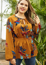 Load image into Gallery viewer, Organic Yellow O-Neck Print Elastic Waist Chiffon Shirt Long Sleeve