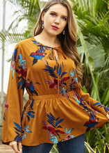 Load image into Gallery viewer, Organic Yellow O-Neck Print Elastic Waist Chiffon Shirt Long Sleeve