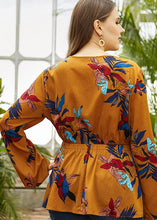 Load image into Gallery viewer, Organic Yellow O-Neck Print Elastic Waist Chiffon Shirt Long Sleeve