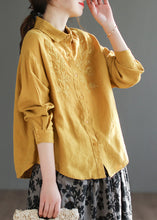 Load image into Gallery viewer, Organic Yellow Peter Pan Collar Embroideried Button Linen Shirts Long Sleeve