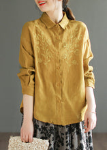 Load image into Gallery viewer, Organic Yellow Peter Pan Collar Embroideried Button Linen Shirts Long Sleeve