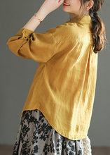 Load image into Gallery viewer, Organic Yellow Peter Pan Collar Embroideried Button Linen Shirts Long Sleeve