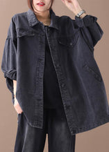 Load image into Gallery viewer, Organic denim black cotton crane tops lapel pockets Midi fall blouses