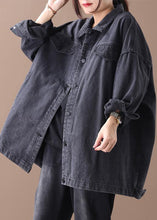 Load image into Gallery viewer, Organic denim black cotton crane tops lapel pockets Midi fall blouses