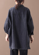 Load image into Gallery viewer, Organic denim black cotton crane tops lapel pockets Midi fall blouses