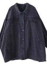 Load image into Gallery viewer, Organic denim black cotton crane tops lapel pockets Midi fall blouses