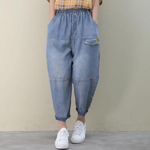 Organic denim blue vintage elastic waist patchwork pants