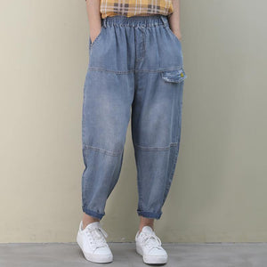 Organic denim blue vintage elastic waist patchwork pants